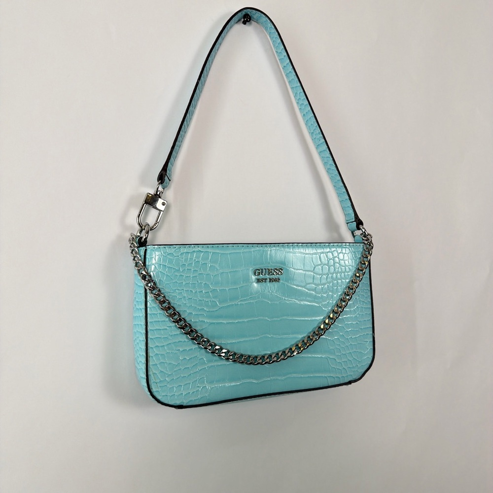 Guess Y2K Light Blue Croc Embossed Shoulder Bag Chain Mini Baguette Purse - Picture 4 of 8